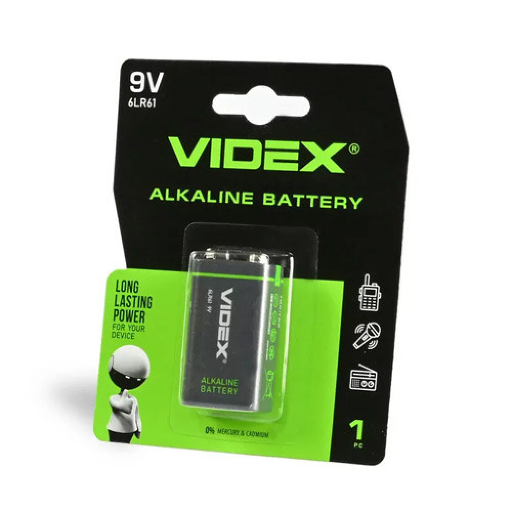 Батарейка Крона VIDEX 6LR61 9В, алкалиновая щелочна батарея для приборов і сигналізації