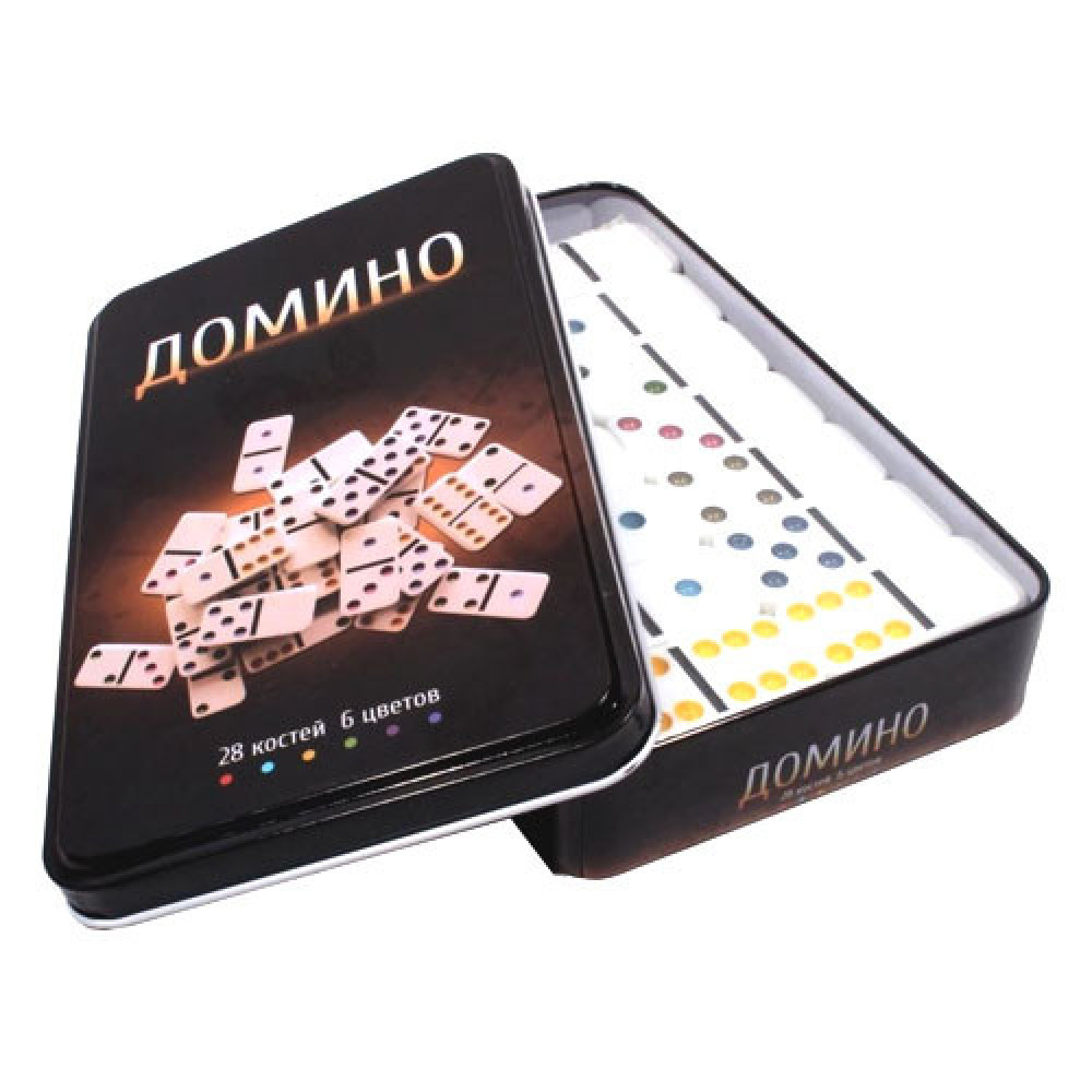 Настольная игра Домино, 28 костей, 6 цветов, металлический бокс для хранения и перевозки
