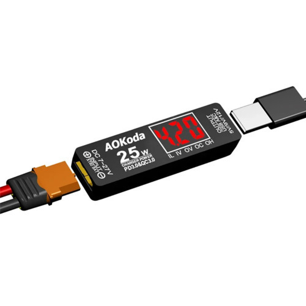 Преобразователь питания AOKoda XT60 USB-A / Type-C PD QC3.0 25 Вт для LiPo 2–6S, 7–27 В, дисплей, 76×22×19 мм