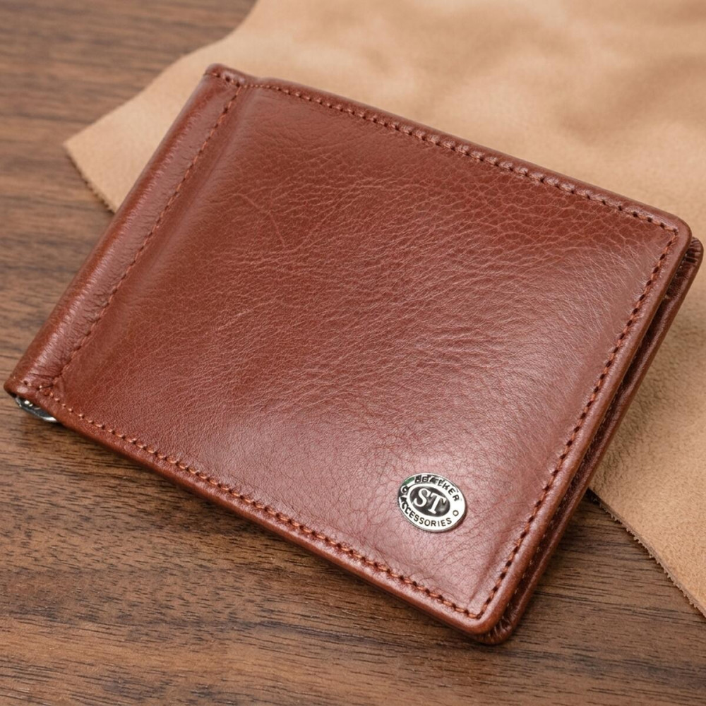 Зручний затискач для грошей із натуральної гладкої шкіри ST Leather 19427 Коричневий