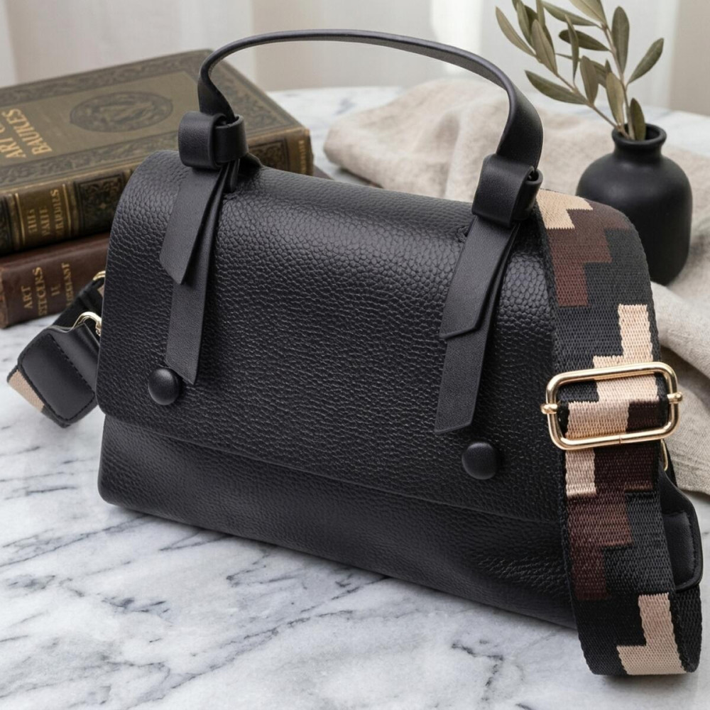 Люксова сумка для жінок з короткою ручкою з натуральної шкіри Vintage 22670 Чорна
