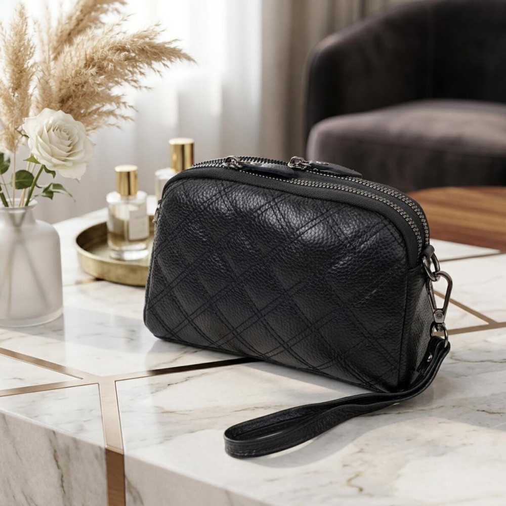 Женская сумка прошита ромбами на лицевой стороне из натуральной кожи Vintage 22807 Черный